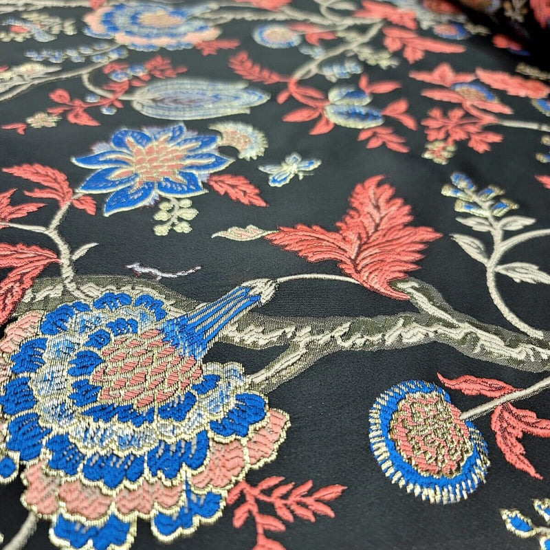 Brocade Jacquard Fabric Coral Blue Floral Damask