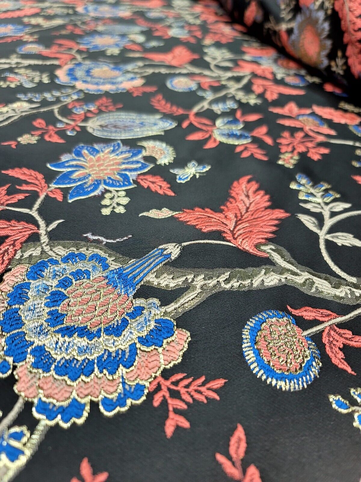 Brocade Jacquard Fabric Coral Blue Floral Damask