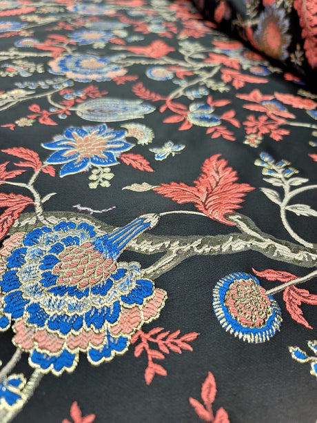 Brocade Jacquard Fabric Coral Blue Floral Damask