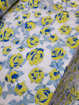 Brocade Jacquard Organza Fabric Yellow Royal Blue Floral