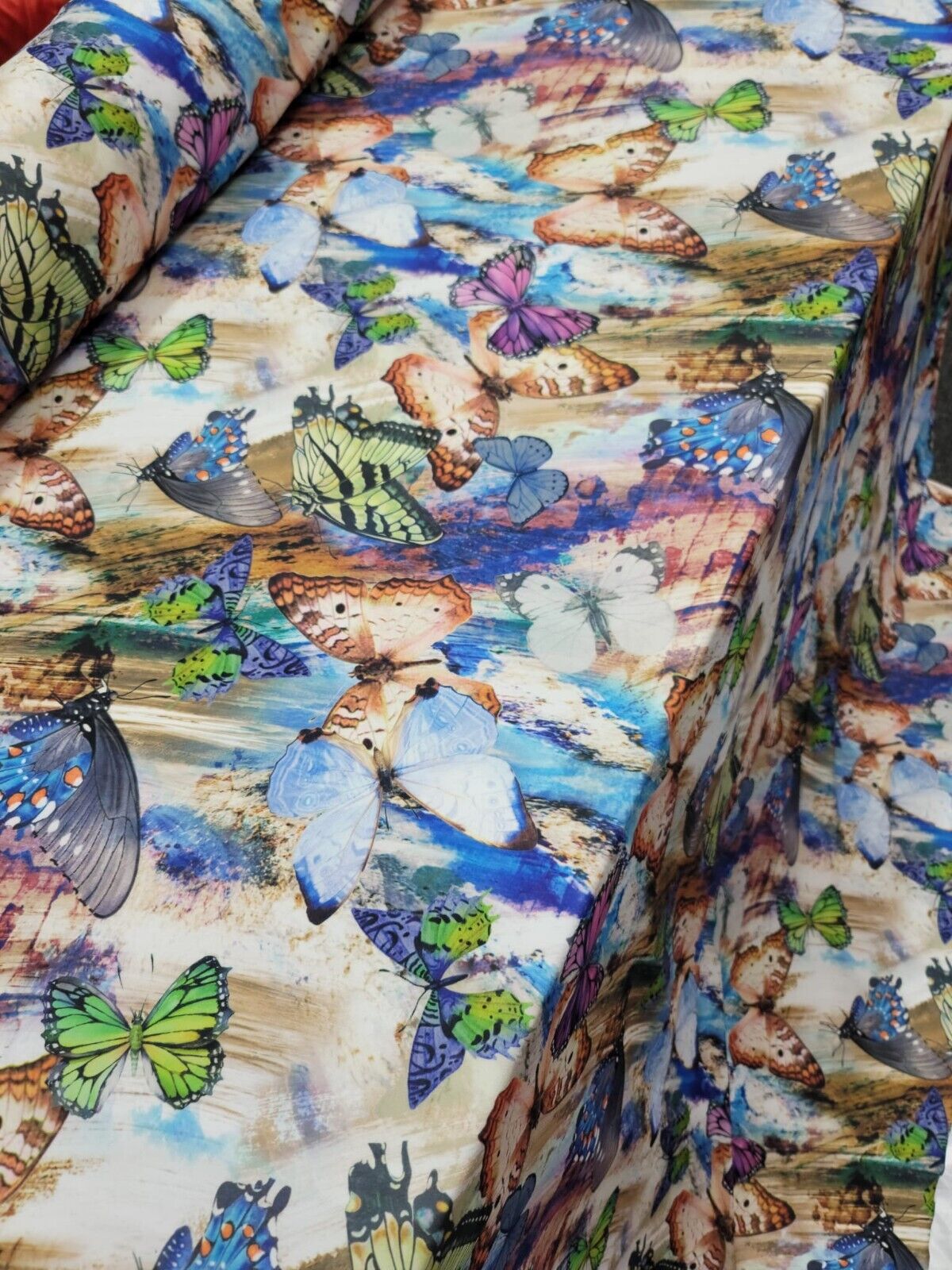 Printed Spandex Butterfly Fabric Blue Green Lavender