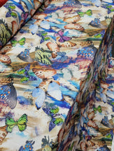 Printed Spandex Butterfly Fabric Blue Green Lavender