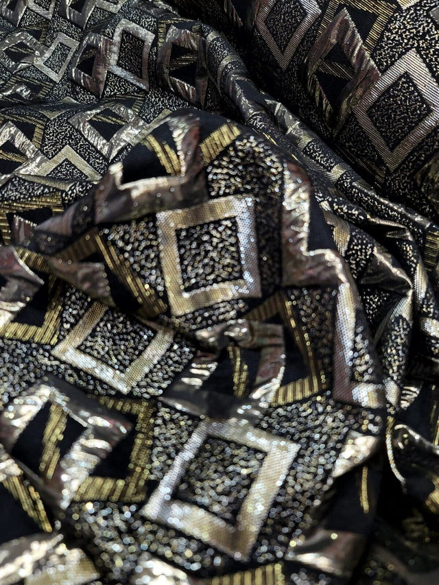 Brocade Jacquard Black Gold Geometric