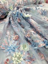 3D Floral Lace with Rhinestones in Sage Pink and Sky Blue