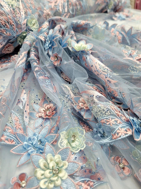 3D Floral Lace with Rhinestones in Sage Pink and Sky Blue