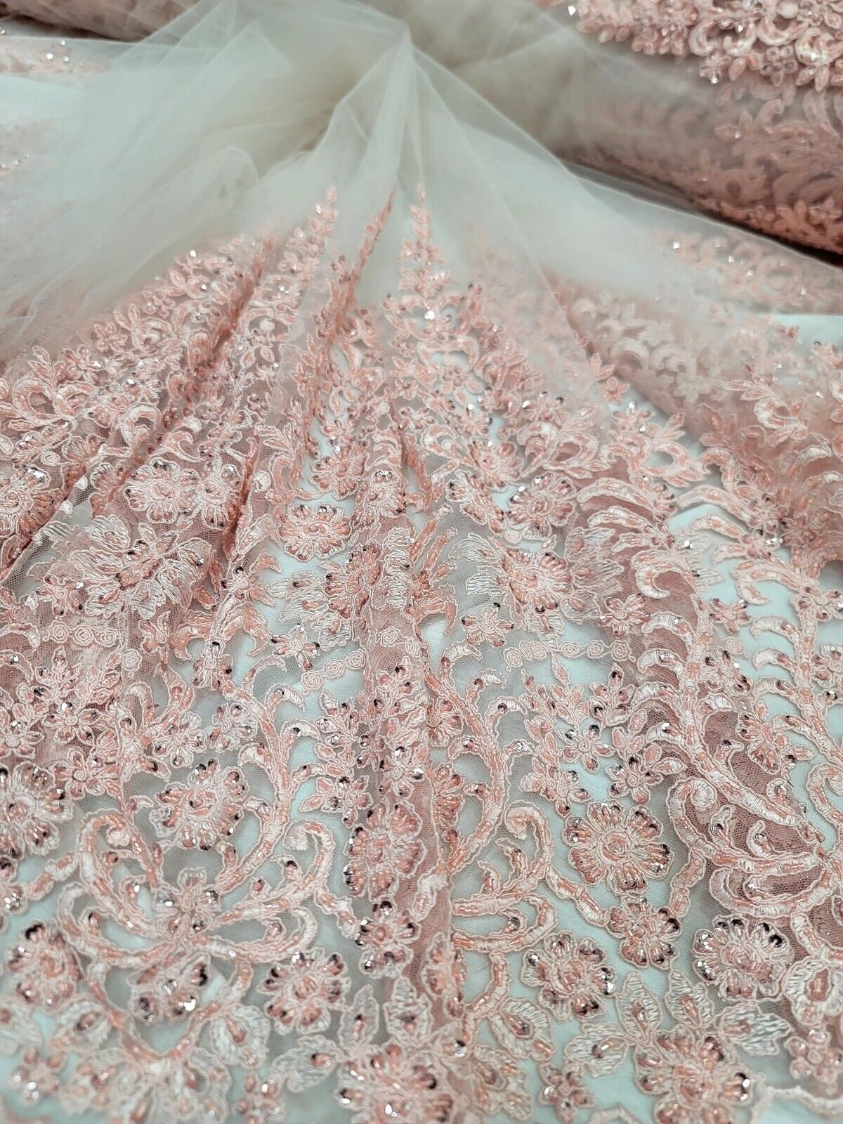 Blush Pink Sequined Embroidery Lace Fabric