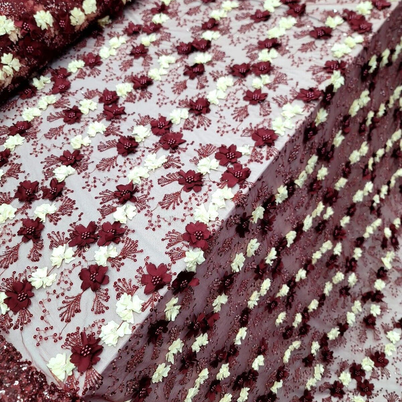 3D Floral Lace Burgundy Ivory Embroidered Mesh Fabric
