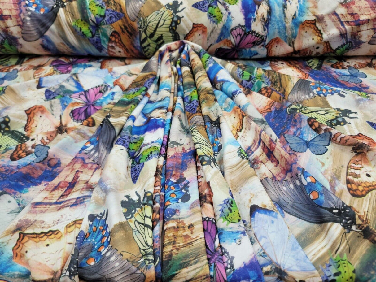 Printed Spandex Butterfly Fabric Blue Green Lavender