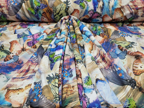 Printed Spandex Butterfly Fabric Blue Green Lavender