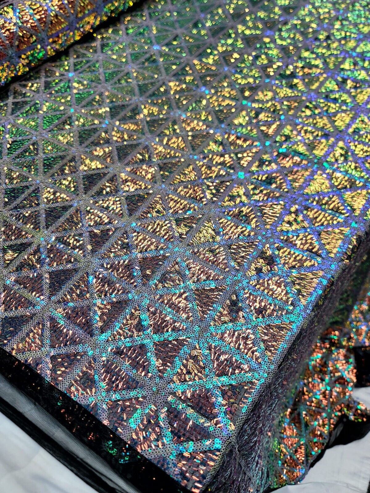 Sequin Stretch Mesh Fabric Green Blue Iridescent on Black