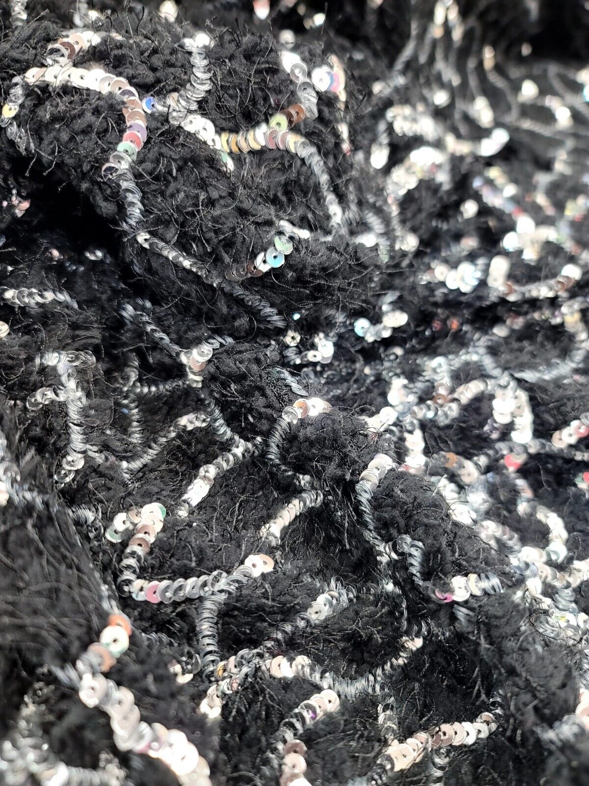 Sequin Faux Fur Stretch Fabric Black Silver