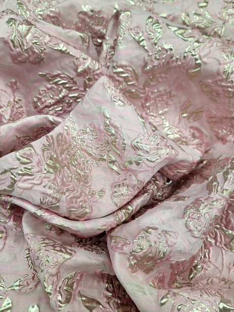 Brocade Jacquard Fabric Rose Pink Gold Metallic