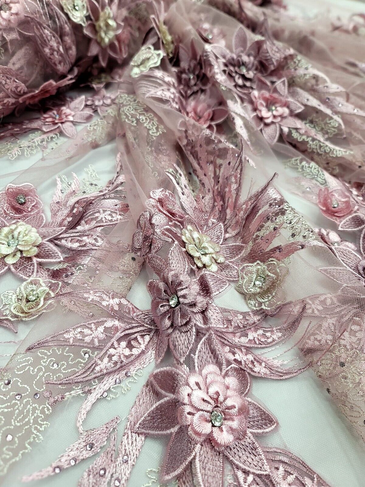 3D Embroidery Lace Fabric Dusty Rose