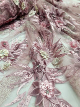 3D Embroidery Lace Fabric Dusty Rose