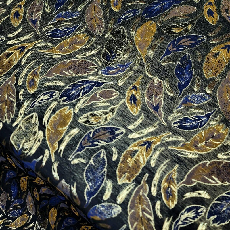 Brocade Jacquard Navy Blue Leaves Gold