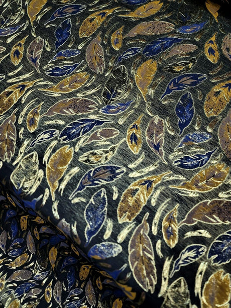 Brocade Jacquard Navy Blue Leaves Gold