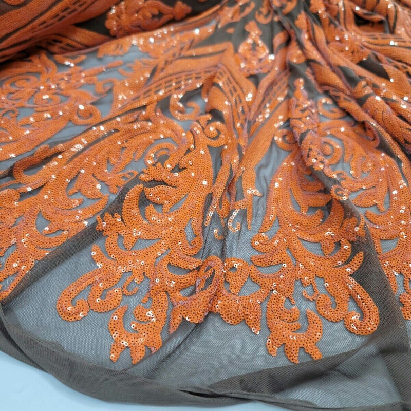 Orange Sequin Embroidered Lace Stretch Mesh Fabric