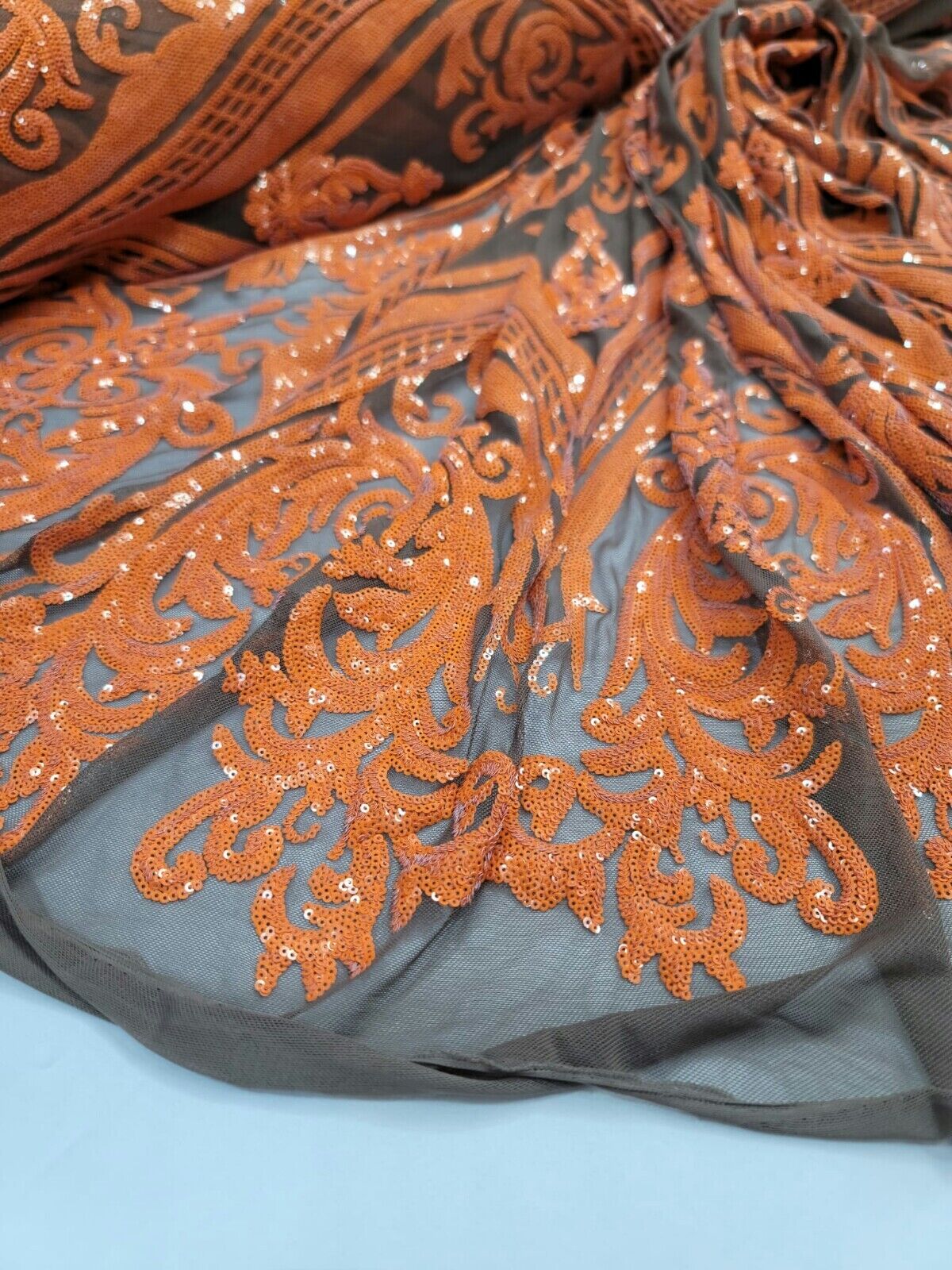 Orange Sequin Embroidered Lace Stretch Mesh Fabric