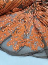 Orange Sequin Embroidered Lace Stretch Mesh Fabric