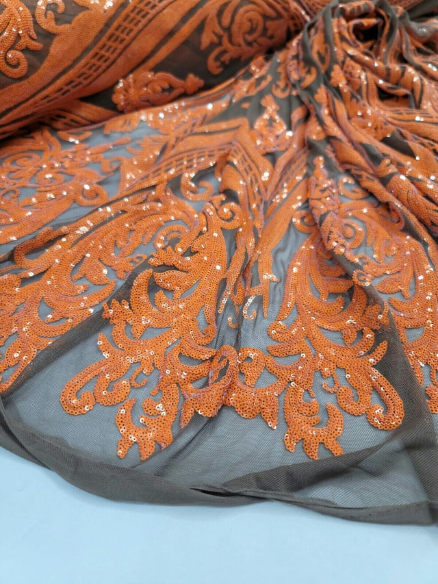 Orange Sequin Embroidered Lace Stretch Mesh Fabric
