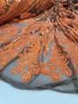 Orange Sequin Embroidered Lace Stretch Mesh Fabric