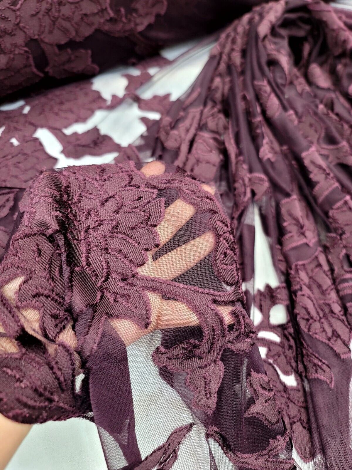 Floral Lace Stretch Mesh Fabric Eggplant