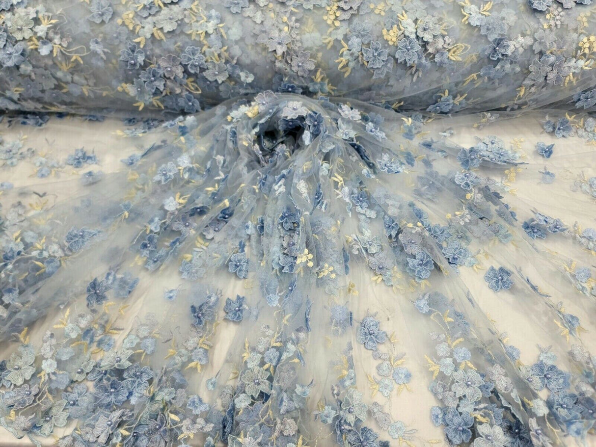 3D Floral Lace on Mesh Sky Blue and Light Yellow