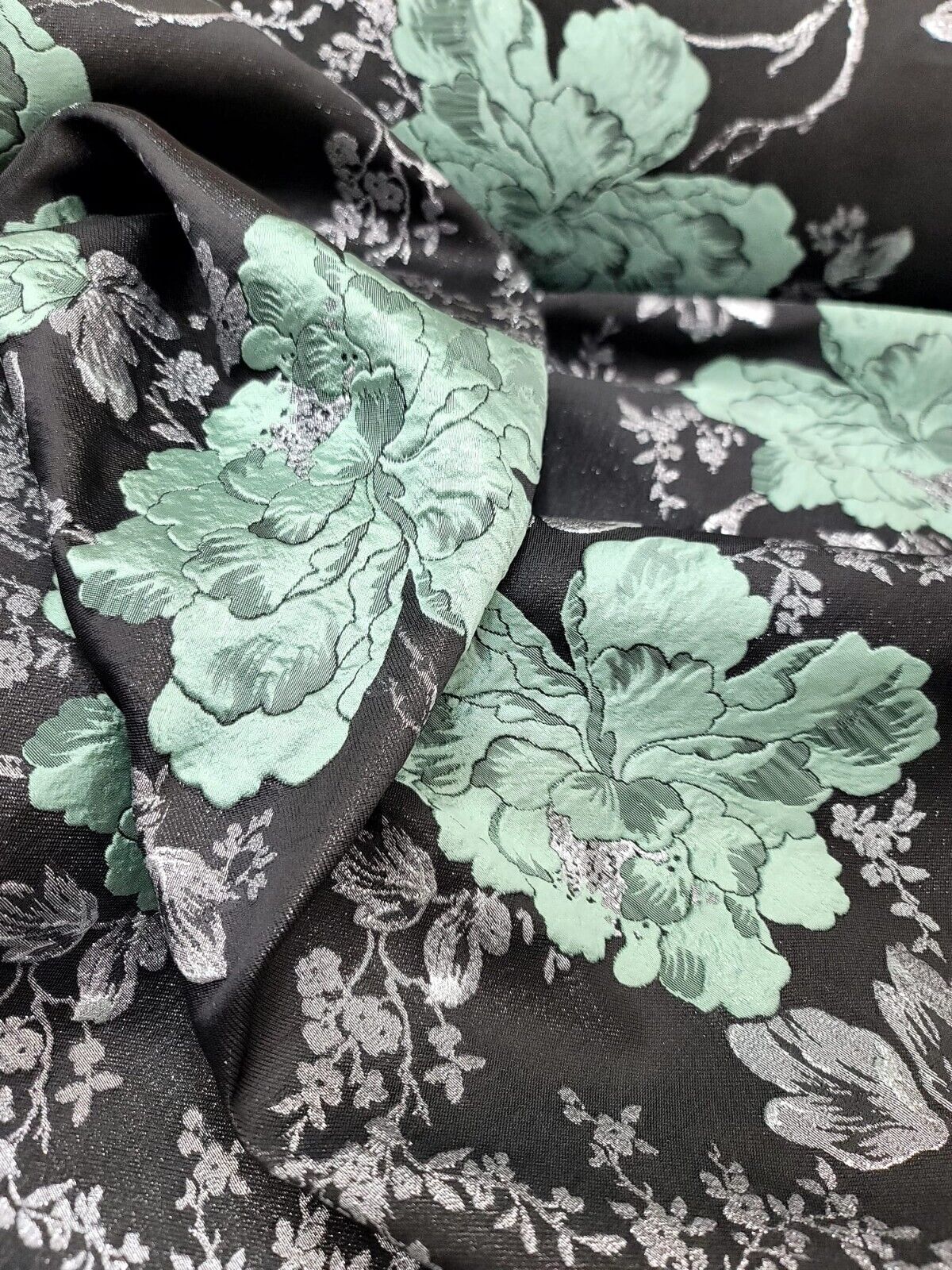 Brocade Jacquard Floral Fabric Sage Green Silver Black
