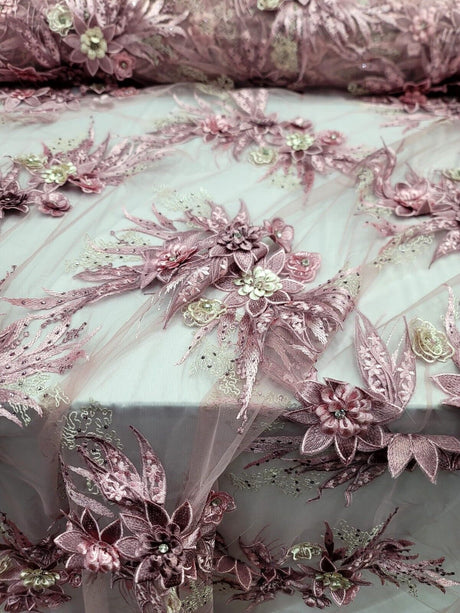 3D Embroidery Lace Fabric Dusty Rose