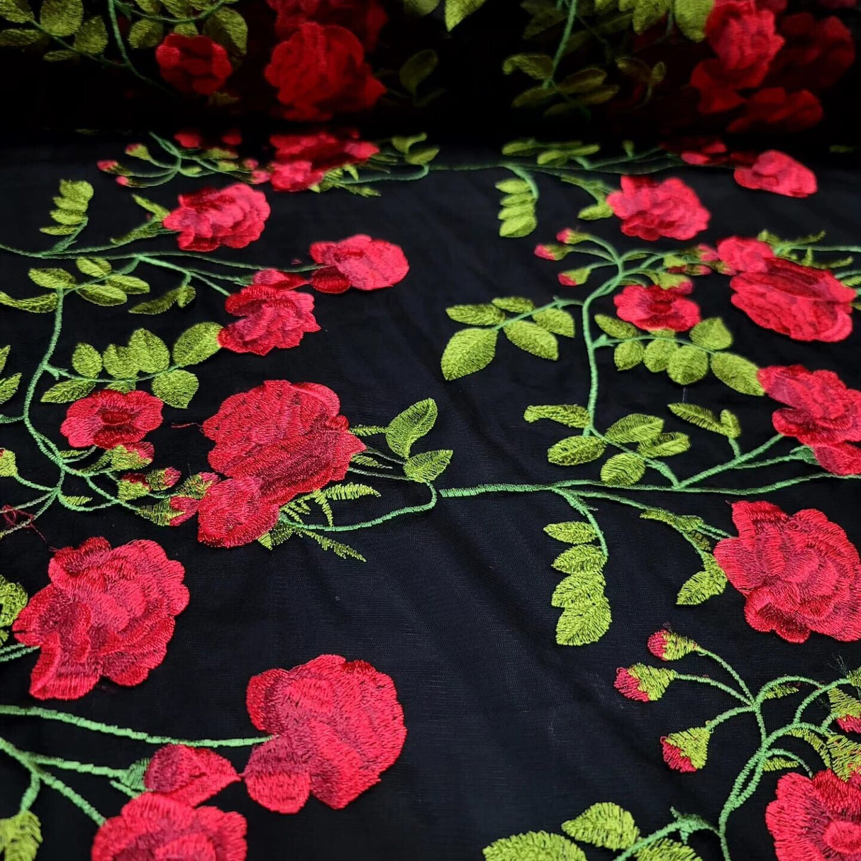 Embroidered Black Lace Fabric with Red and Green Flowers