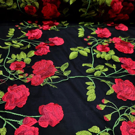 Embroidered Black Lace Fabric with Red and Green Flowers