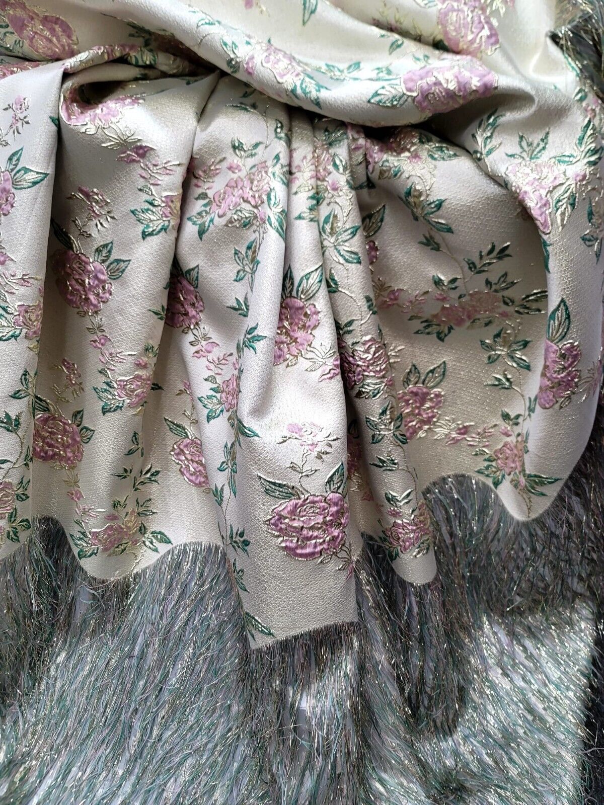 Brocade Jacquard Metallic Eyelash Fabric Sage Pink Gold