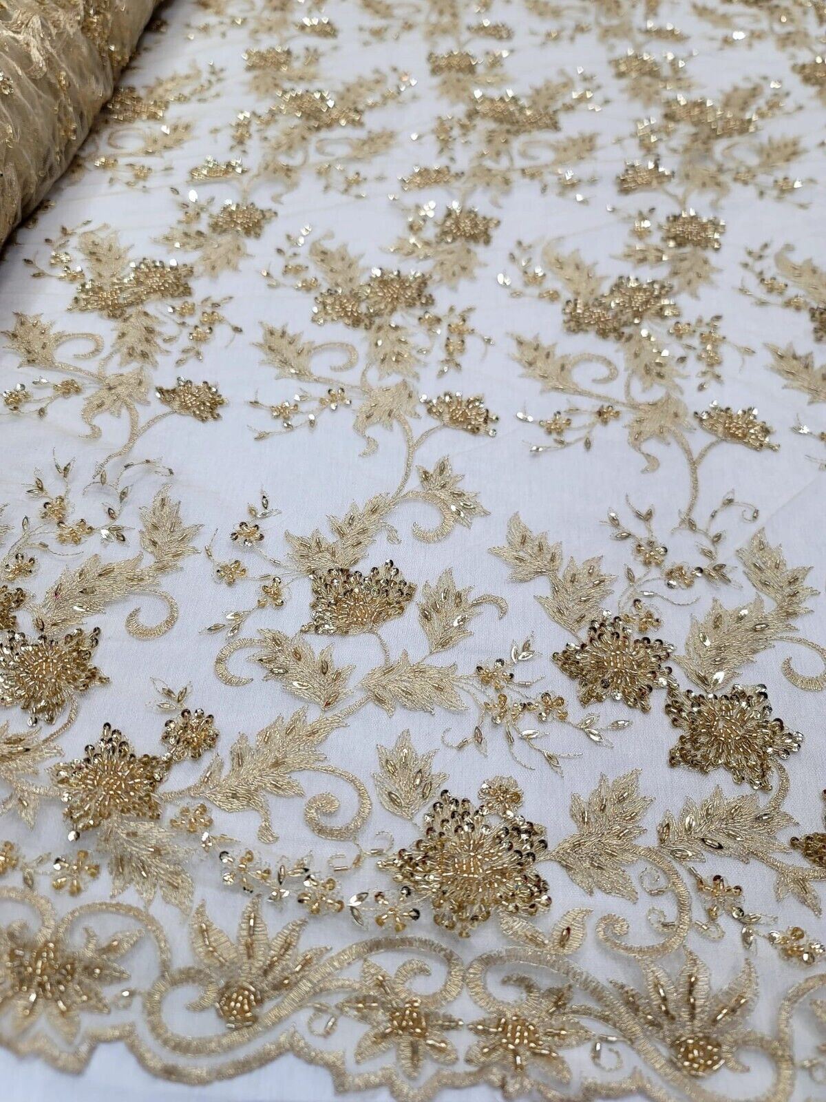 Gold Beaded Sequins Embroidery Bridal Lace