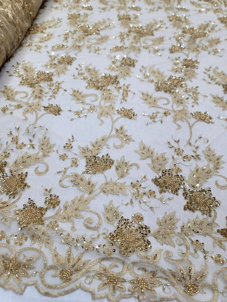 Gold Beaded Sequins Embroidery Bridal Lace