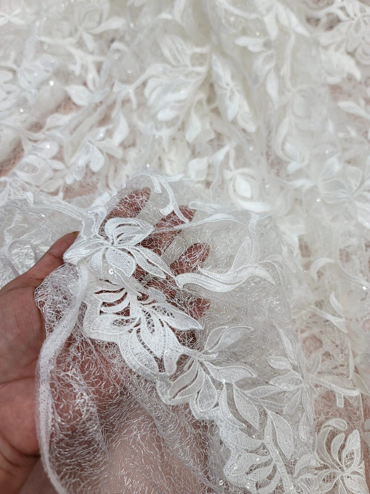 White Embroidery Lace Guipure Floral Sequin Mesh
