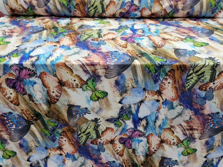 Printed Spandex Butterfly Fabric Blue Green Lavender