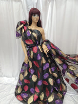 Brocade Jacquard Organza Fabric Purple Aqua Blue on Black
