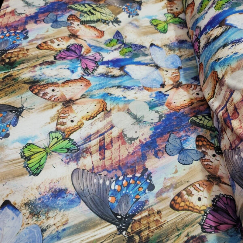Printed Spandex Butterfly Fabric Blue Green Lavender