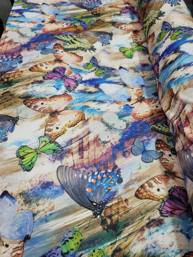 Printed Spandex Butterfly Fabric Blue Green Lavender