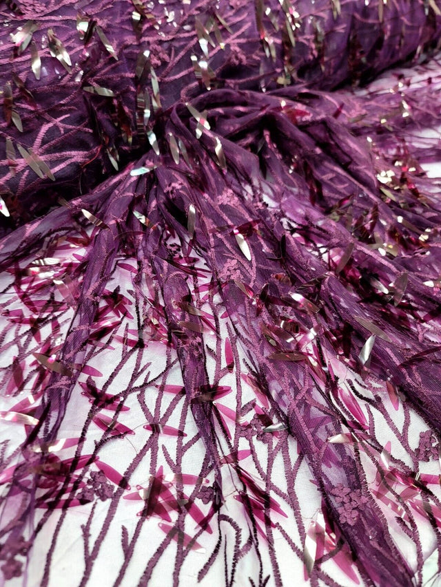Sequined Floral Lace Embroidery in Eggplant
