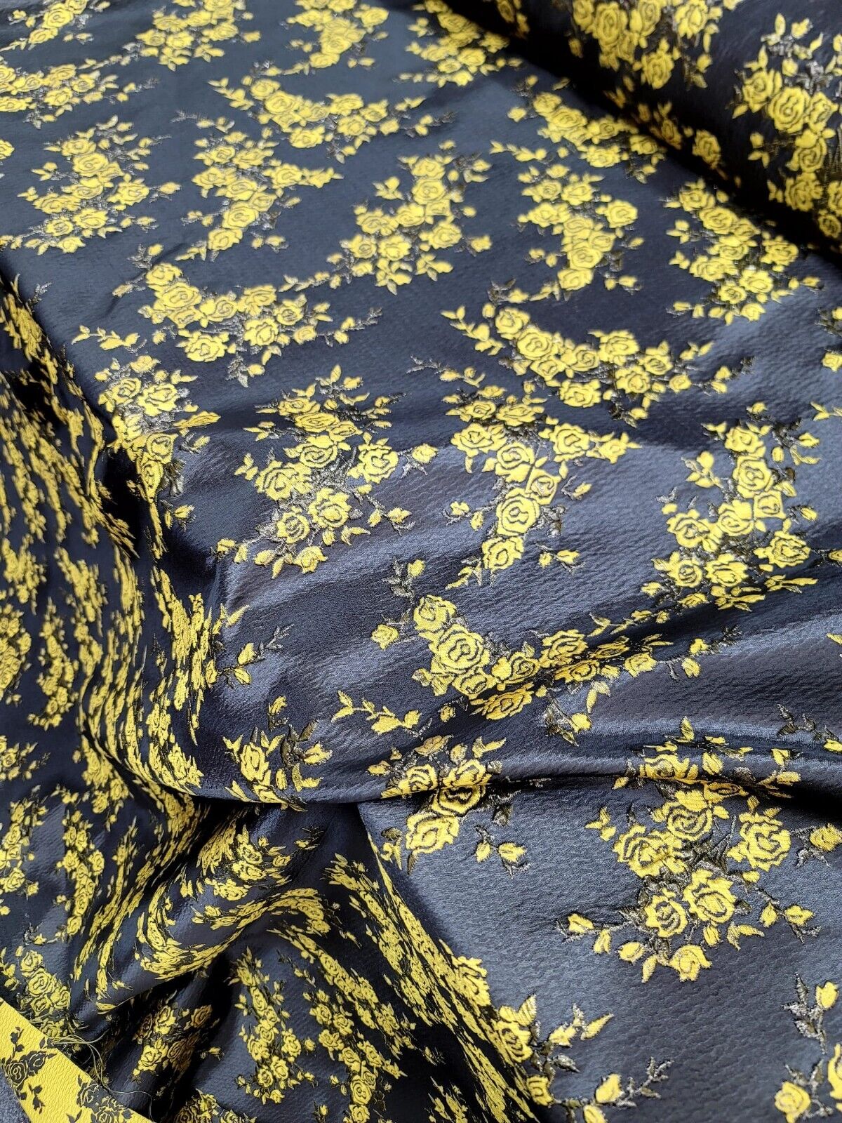 Floral Brocade Fabric Yellow Black