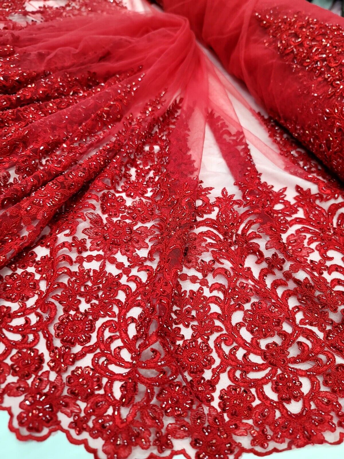 Beaded Embroidered Lace Fabric Red