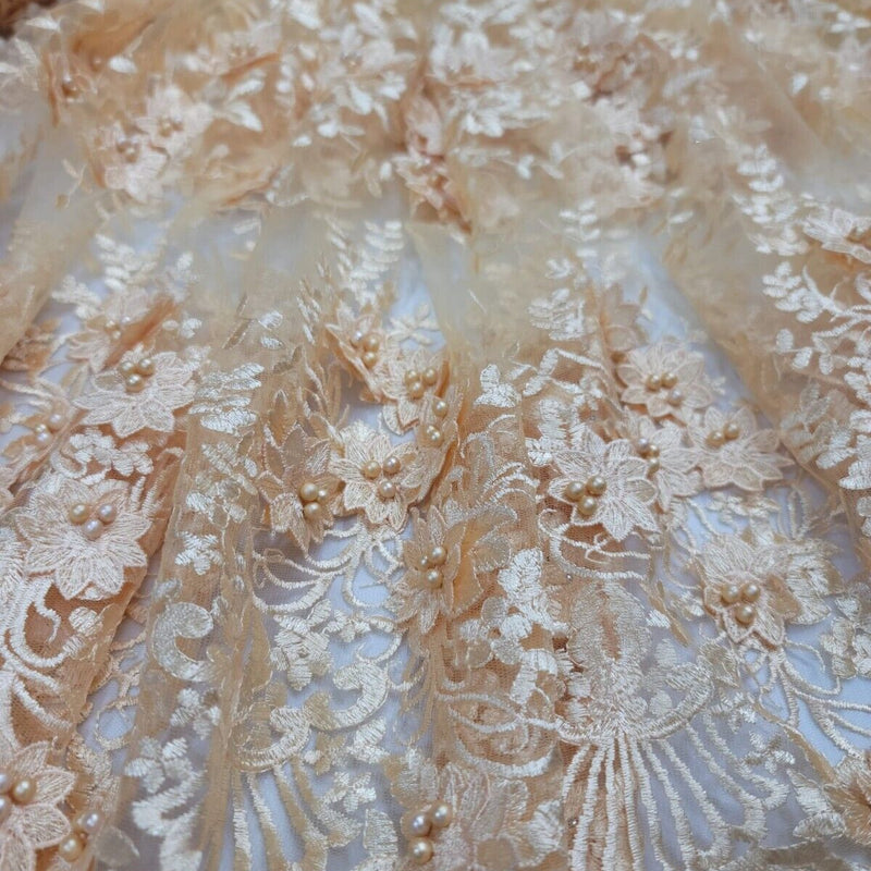 Beaded 3D Floral Lace Pale Yellow
