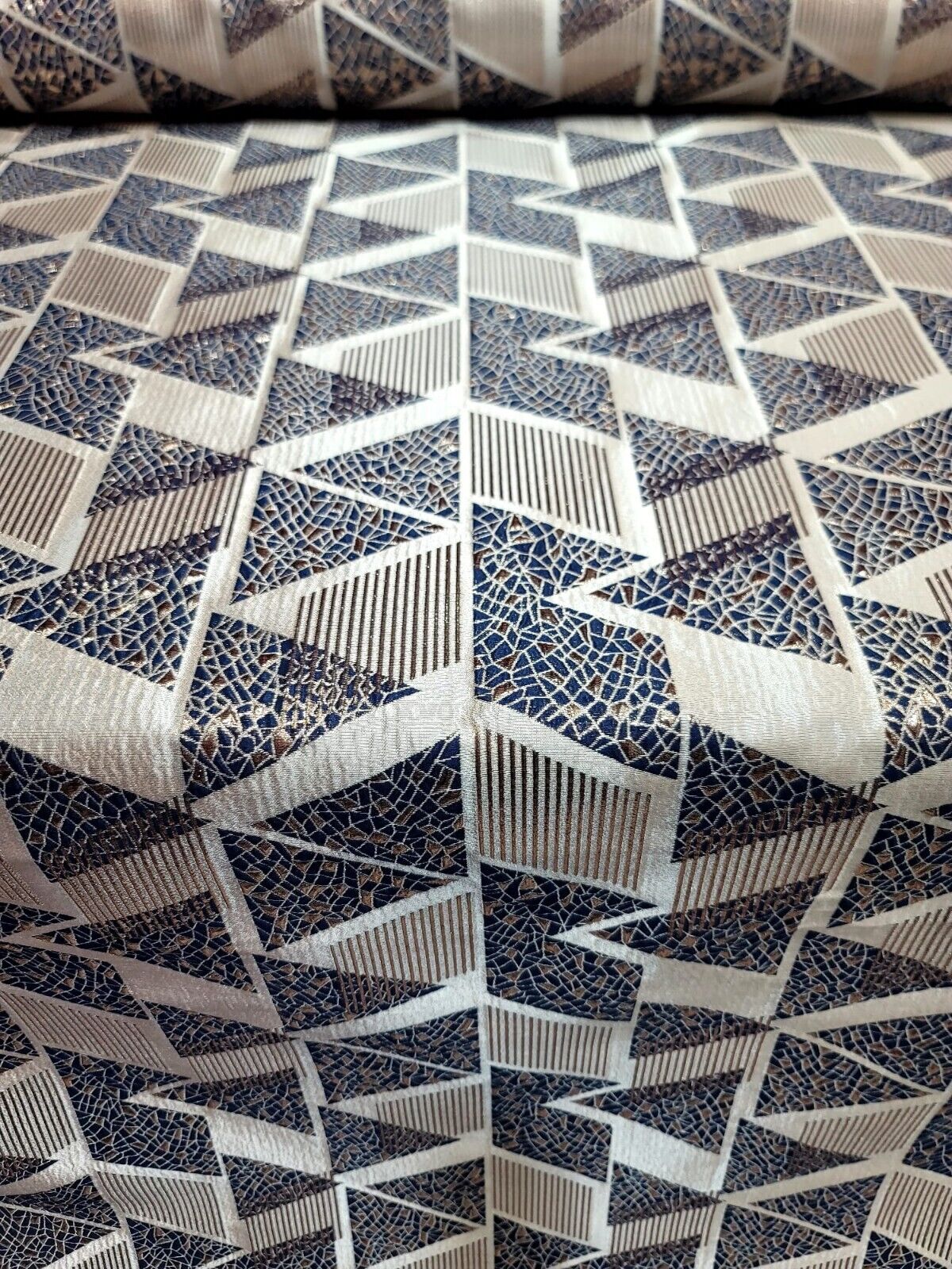 Brocade Jacquard Metallic Gold Geometric Navy Blue