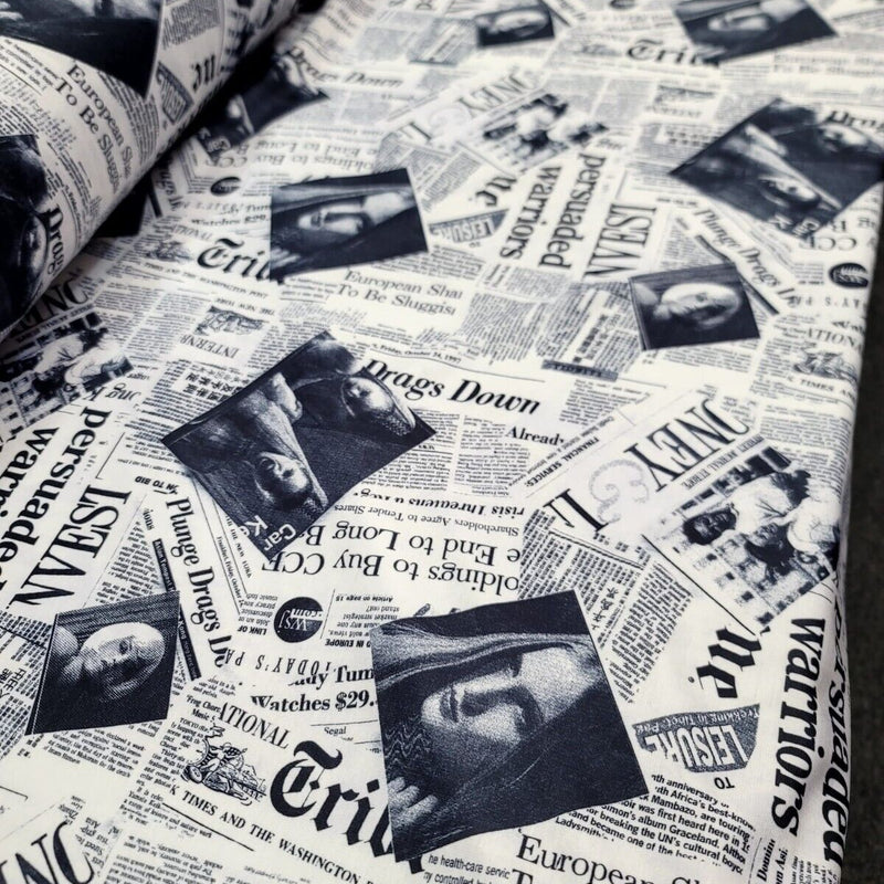 Cotton Newspaper Print Fabric Black and White