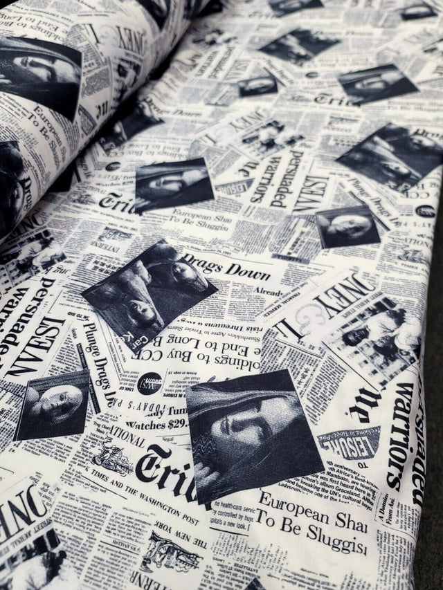 Cotton Newspaper Print Fabric Black and White