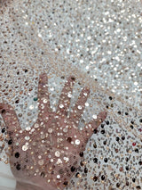 Rose Gold Sequins Beaded Embroidered Stretch Lace Fabric