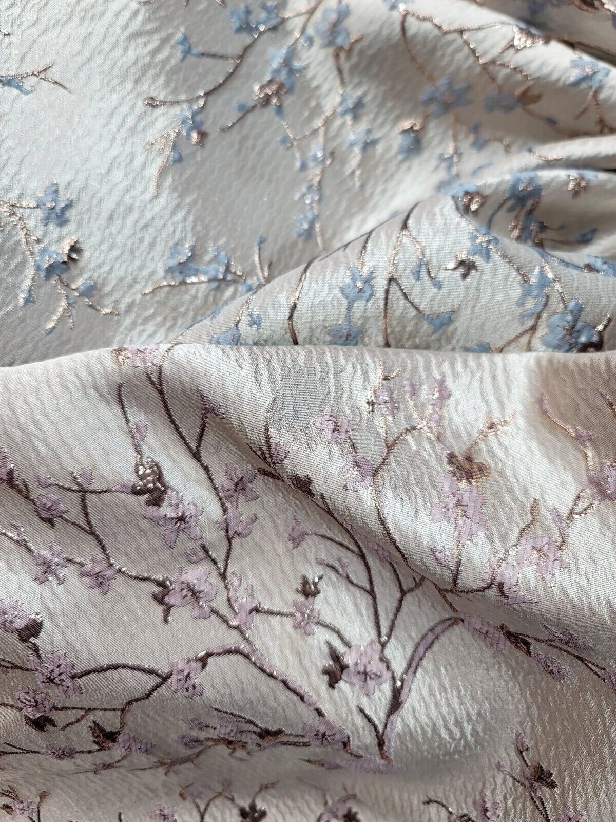 Metallic Floral Brocade Fabric Beige Pink Flowers
