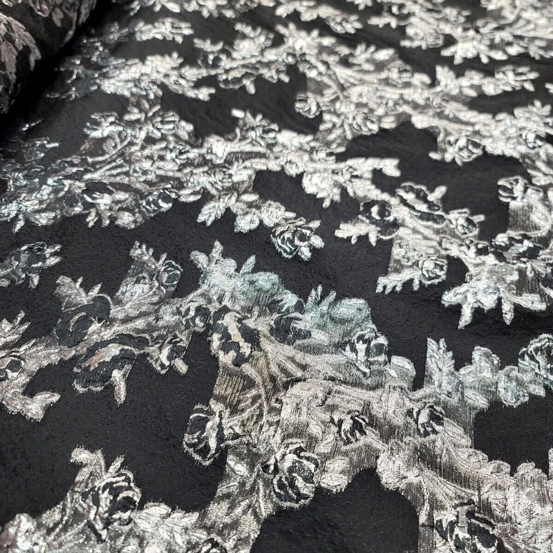 Black Organza Brocade Silver Floral Fabric