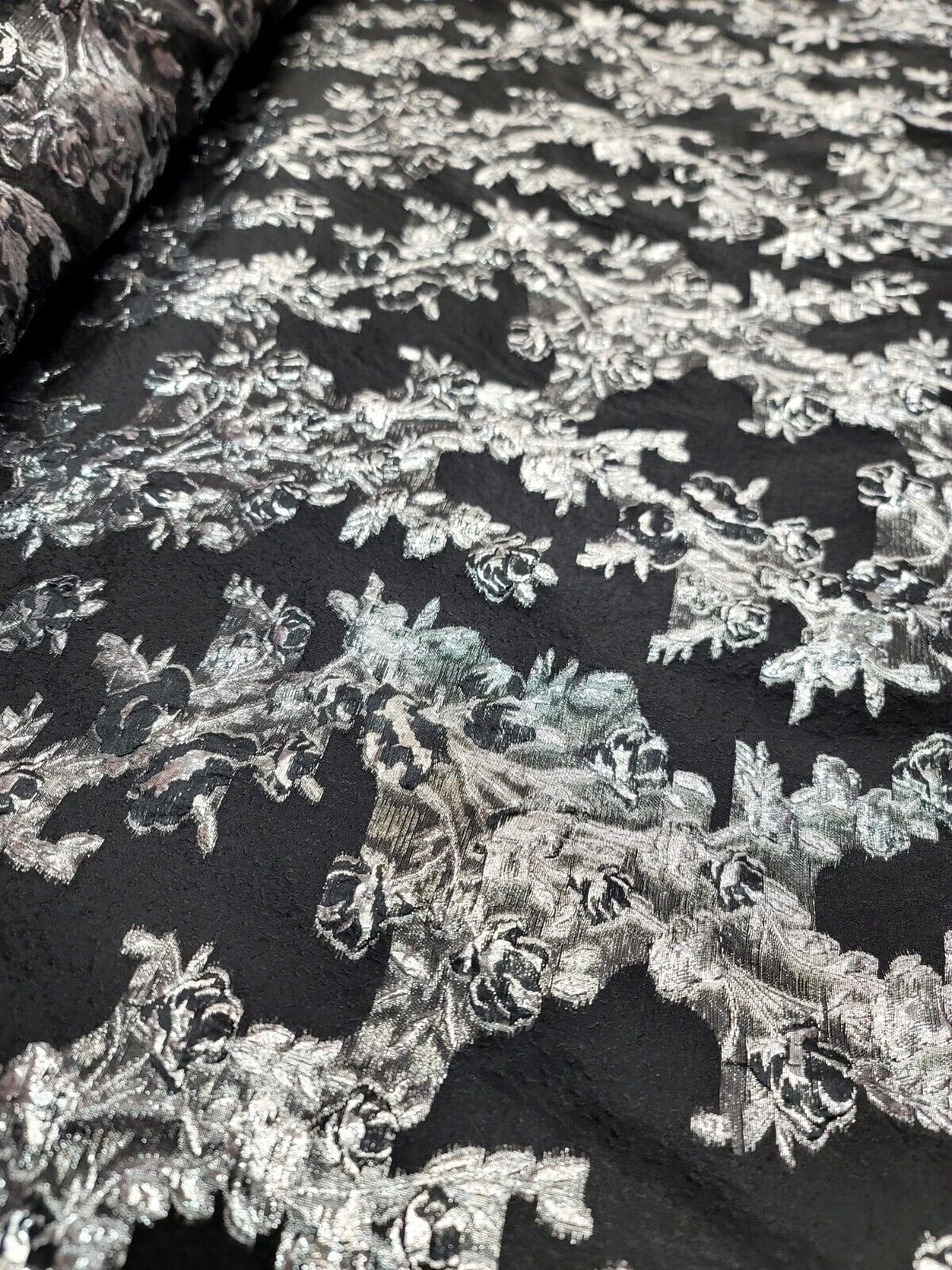 Black Organza Brocade Silver Floral Fabric